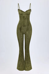 Lace-Up Ruffled Flared Jumpsuit In Green Print