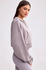 Cropped Zip-Up Chunky Knit Hoodie In Dusty Lavender