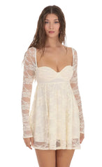 Long Sleeve Lace Babydoll Dress In Cream