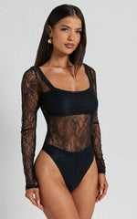 Cynthia Bodysuit - Long Sleeve Lace Bodysuit In Black