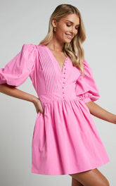 Zandra Mini Dress - Puff Sleeve Poplin Dress In Ice Pink