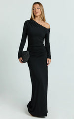Milly Maxi Dress - Asymmetrical Off Shoulder Long Sleeve Side Ruching Maxi Dress In Black