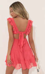 Chiffon Baby Doll Ruffle Dress In Red Coral