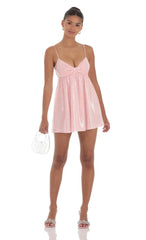 Sequin Front Bow Babydoll Dress In Pink