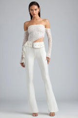 Metallic Belted Mid-Rise Flared Trousers In Ivory