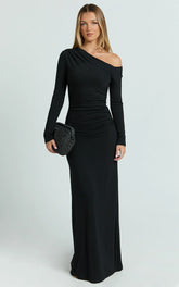 Milly Maxi Dress - Asymmetrical Off Shoulder Long Sleeve Side Ruching Maxi Dress In Black