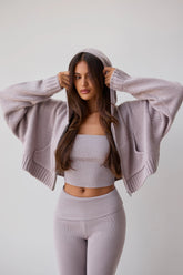 Cropped Zip-Up Chunky Knit Hoodie In Dusty Lavender