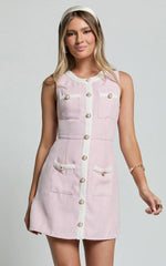 River Mini Dress - Boucle Button Through A Line Dress In Light Pink