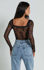 Cynthia Bodysuit - Long Sleeve Lace Bodysuit In Black