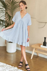 Adora Ruffled Hem Striped V-Neck Babydoll Dress