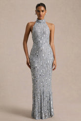 Zaira | Silver Sequin High-Neck Maxi Dress With Open-Back