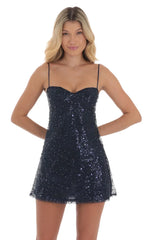 Sequin Babydoll Dress In Navy