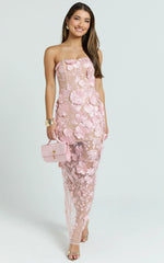 Sienna Maxi Dress - 3D Floral Strapless Column Dress In Pink