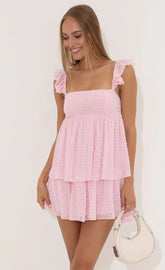 Dotted Chiffon Ruffle Dress In Pink