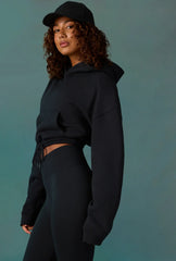 Cropped Drawstring Hooded Sweatshirt In Black
