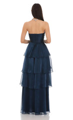 Corset Ruffle Strapless Maxi Dress In Navy