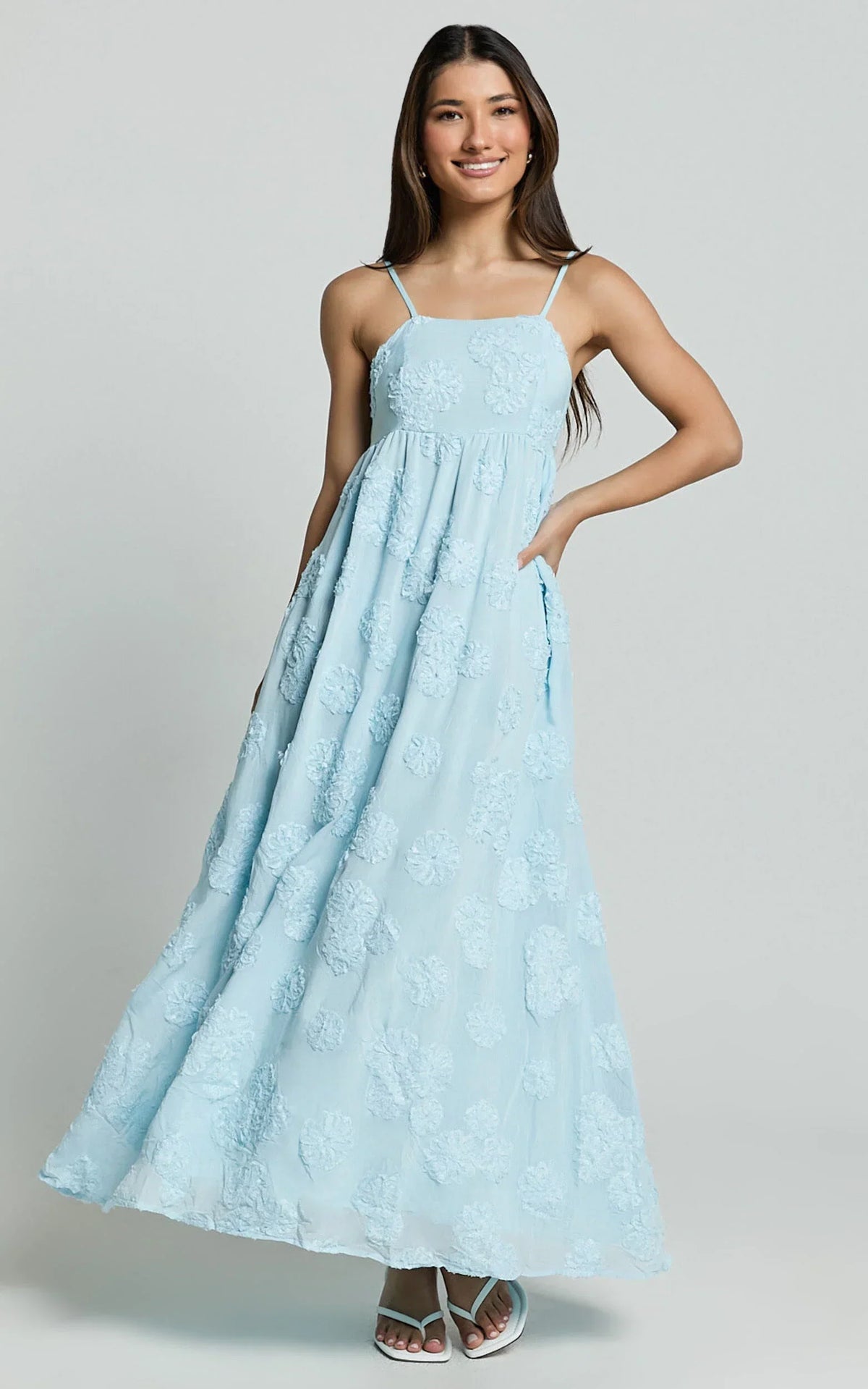 Claya Maxi Dress - Sleeveless Straight Neckline Floral Detail Dress In Pale Blue