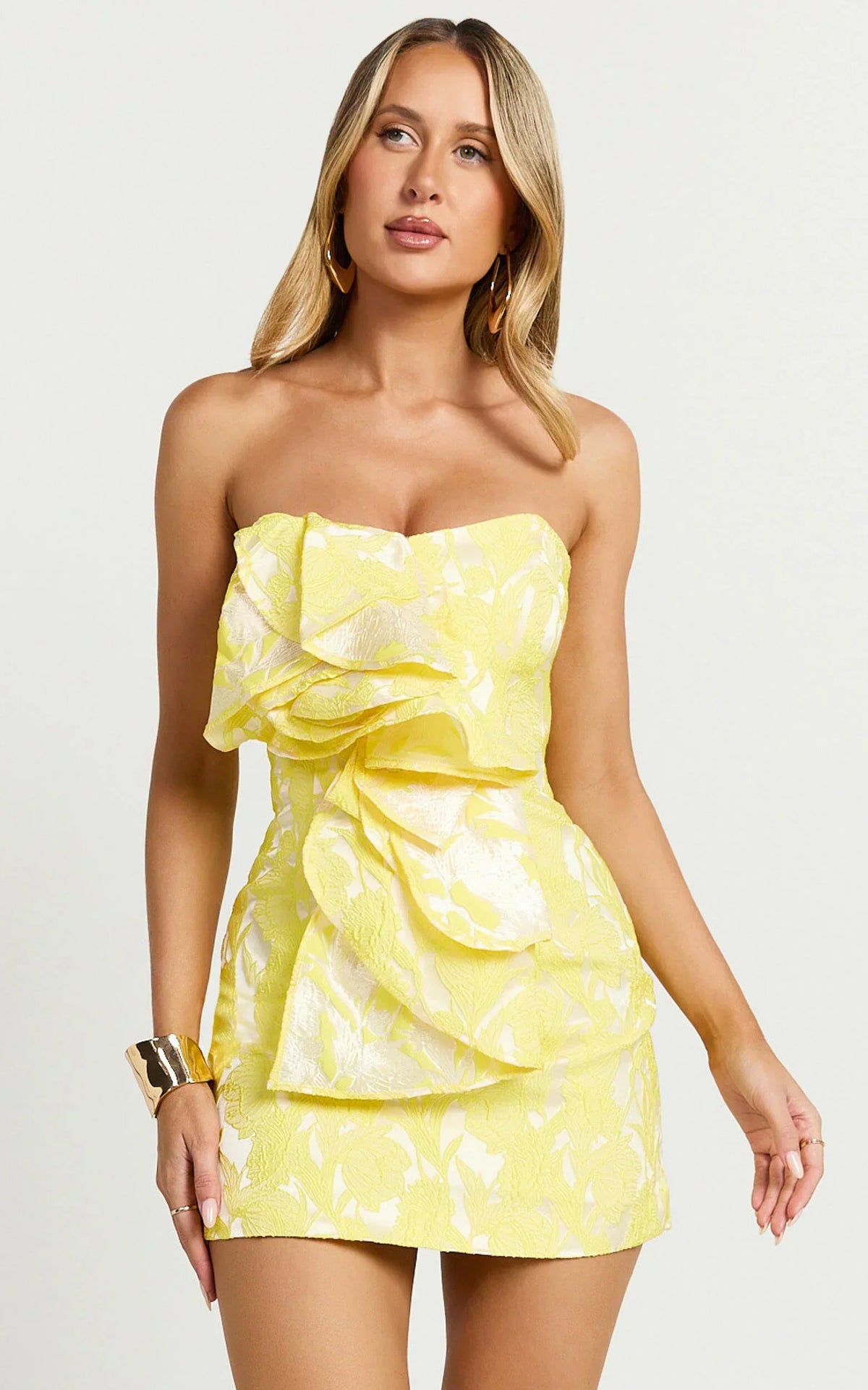 Amalie The Label - Frederika Strapless Ruffle Detail Jacquard Mini Dress In Yellow