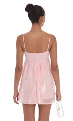 Sequin Front Bow Babydoll Dress In Pink