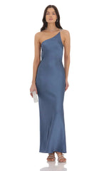 One Shoulder Pearl Satin Maxi Dress in Slate Blue