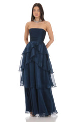 Corset Ruffle Strapless Maxi Dress In Navy