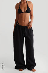 Sheveta Heritage Linen Wide-Leg Pants - Black