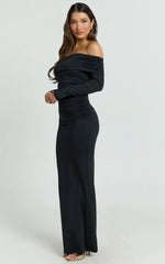 Emilie Maxi Dress - Off Shoulder Long Sleeve Ruched Jersey Dress In Black
