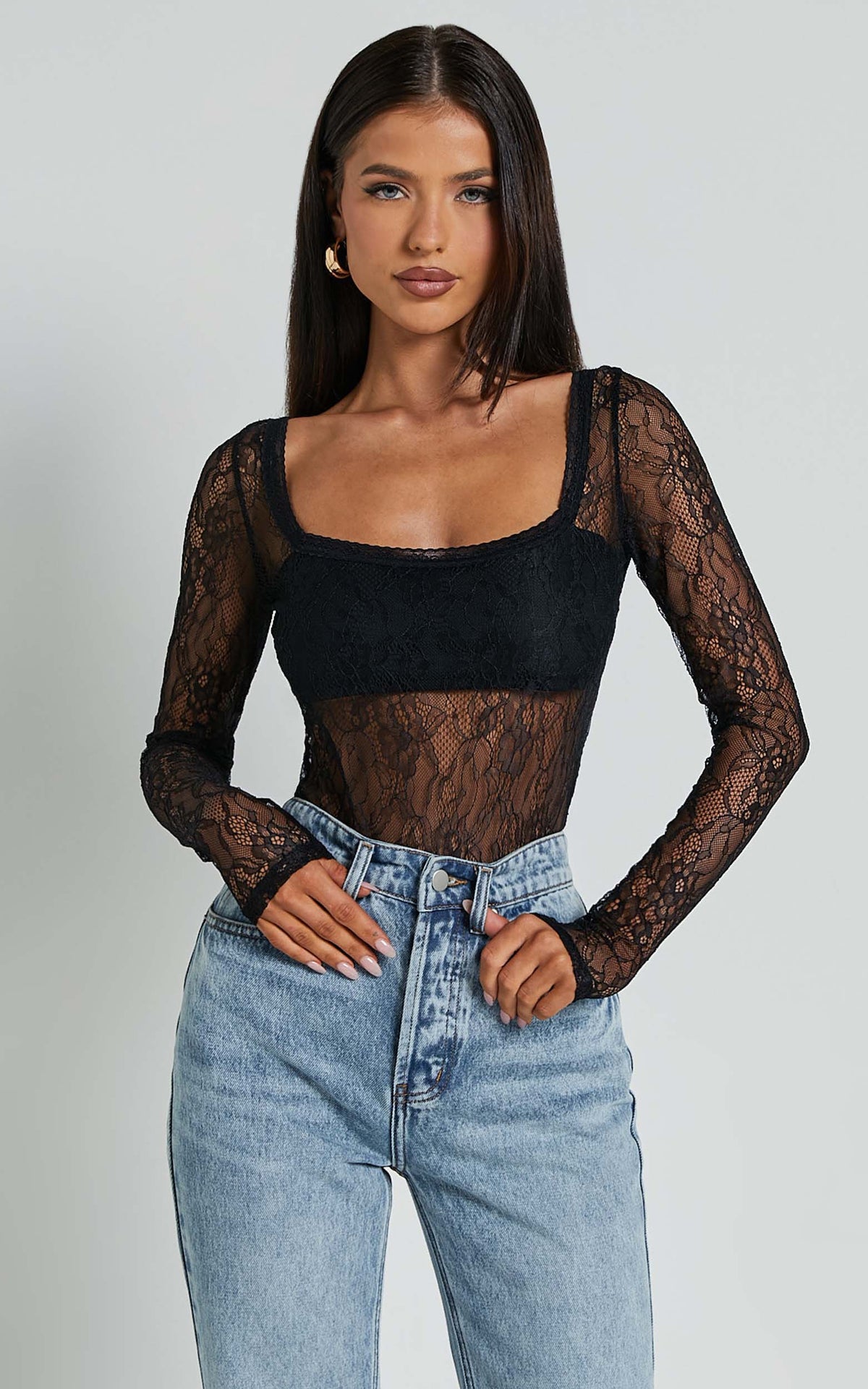 Cynthia Bodysuit - Long Sleeve Lace Bodysuit In Black