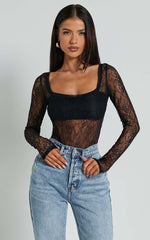 Cynthia Bodysuit - Long Sleeve Lace Bodysuit In Black