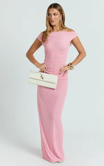 Harrison Maxi Dress - Off Shoulder Ruche Wide Waistband Long Skirt Mesh Dress In Pink