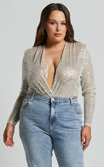 Alora Bodysuit - Sequin Wrap Front Long Sleeve Bodysuit In Silver