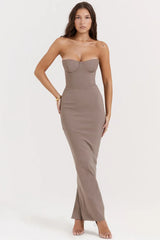 taupe strapless corset maxi dress