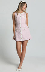 River Mini Dress - Boucle Button Through A Line Dress In Light Pink