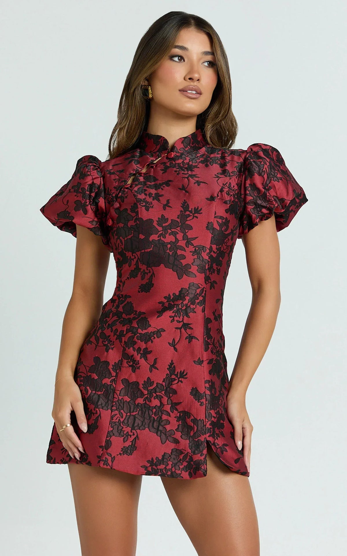 Mackay Mini Dress Jacquard High Neck Puff Sleeve Dress In Red