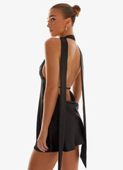 Alicia Satin Halter Mini Dress - Black