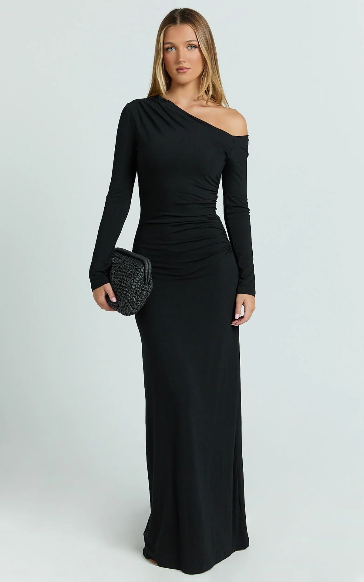 Milly Maxi Dress - Asymmetrical Off Shoulder Long Sleeve Side Ruching Maxi Dress In Black