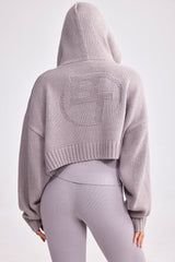 Cropped Zip-Up Chunky Knit Hoodie In Dusty Lavender