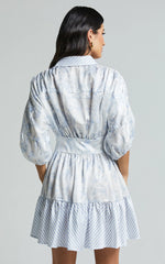 Amabella Mini Dress - 3/4 Sleeve Collared Button Up Dress In Blue