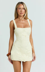 Sienna Mini Dress - Square Neck Floral Embroidered A Line Dress In Lemon