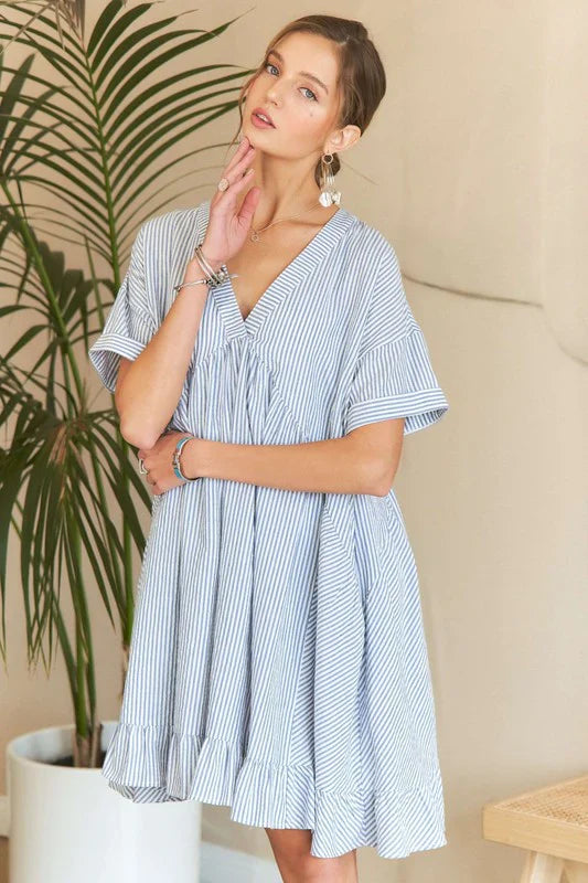 Adora Ruffled Hem Striped V-Neck Babydoll Dress
