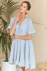 Adora Ruffled Hem Striped V-Neck Babydoll Dress