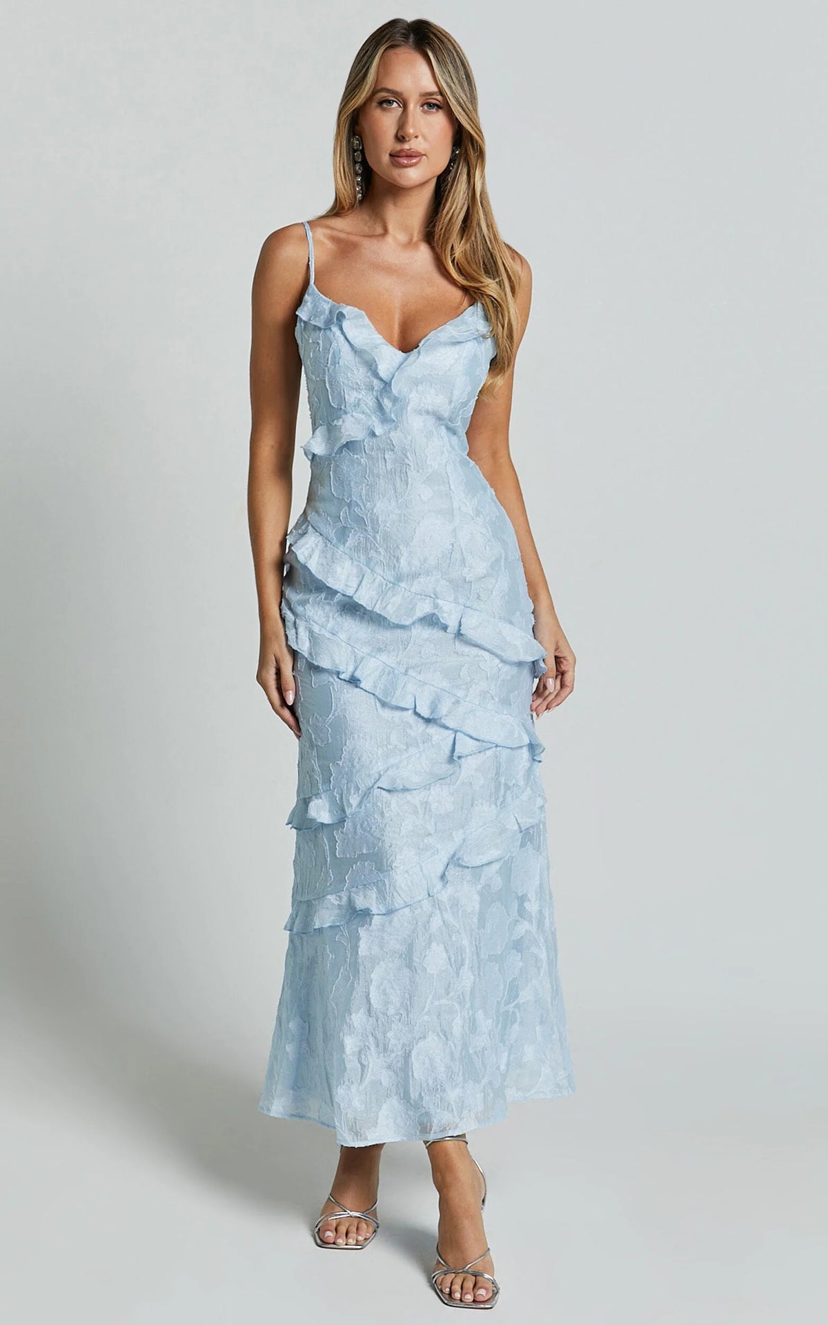 Michaela Midi Dress - Jacquard Ruffle Detail Tiered Dress In Light Blue