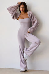 Bandeau Kick Flare Chunky Knit Jumpsuit In Dusty Lavender